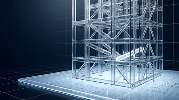 Kristalline Architekturstruktur auf einem technischen Blueprint, in der einzelne tragende Elemente als Befund markiert sind